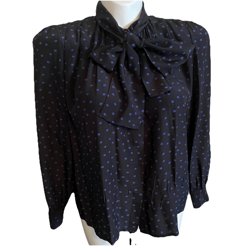 VTG 80's Polk A‎ Dot Silk Blouse Women's 12 Neck Bow Poetcore Romantic Feminine